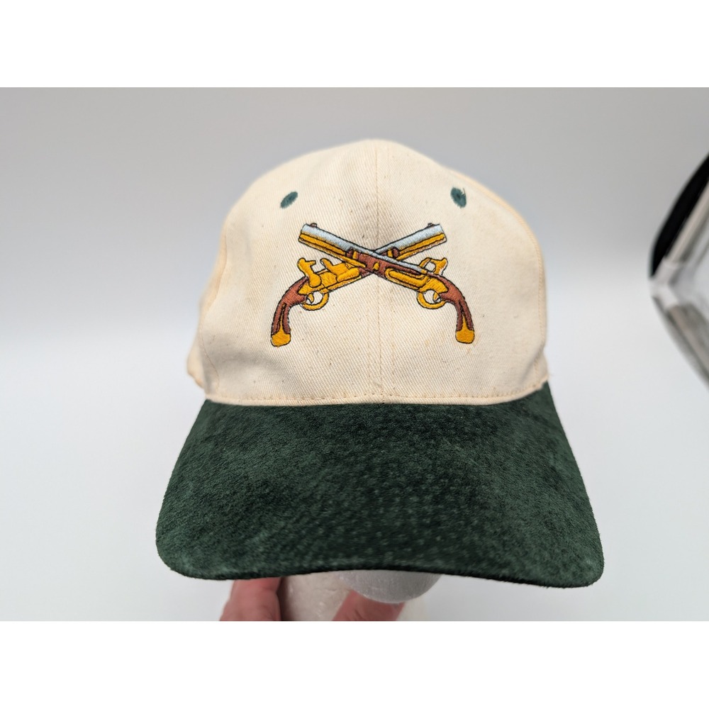 Vintage KC Crossed Pistols Strapback Hat Cream Green Faux Suede Brim Cap